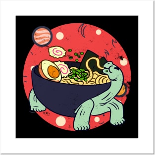 Kawaii Tortoise Eating Ramen Noodles Space Otaku Ramen Bowl Posters and Art